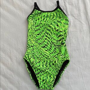 Dolfin Girl Green and Black Swirl one-piece Open Back Swimwear
